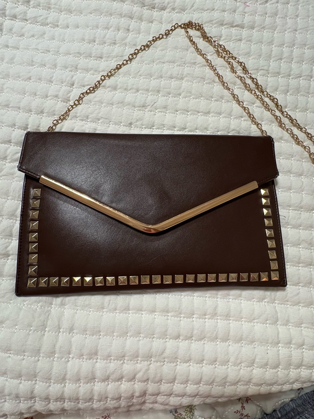 Miztique Dark Brown Envelope Clutch with Gold Studs & Chain